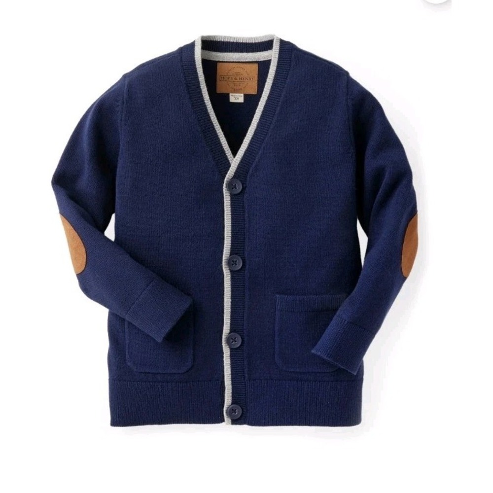 Hope & Henry Boys Organic Tipped Cardigan with Elbow Patches Size Medium